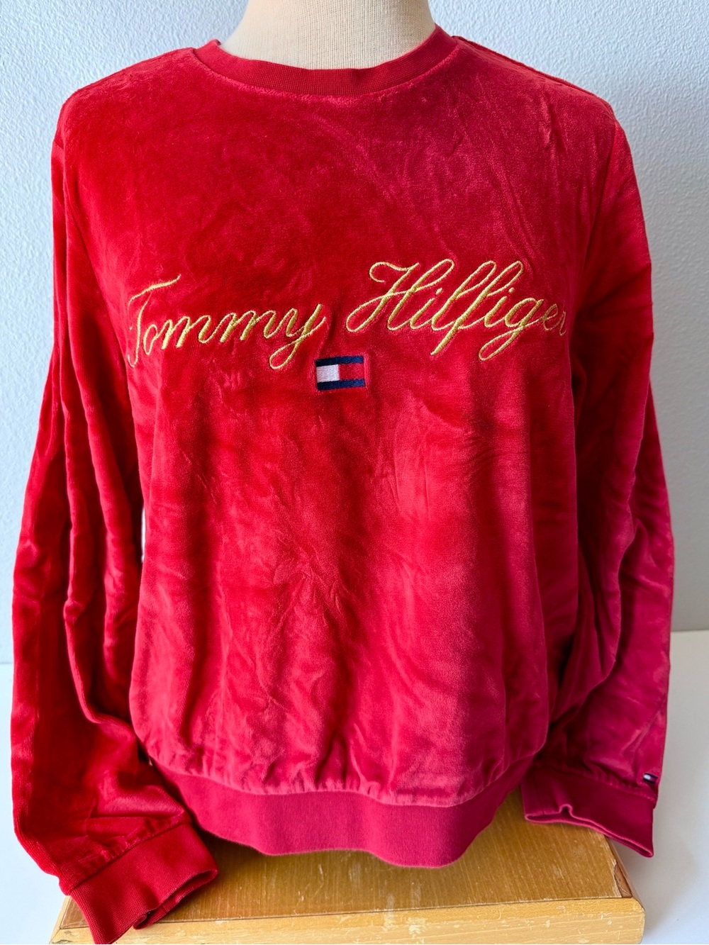Tommy Hilfiger Red Velour Gold Script Logo Crew Neck Sweatshirt - Women’s Size M